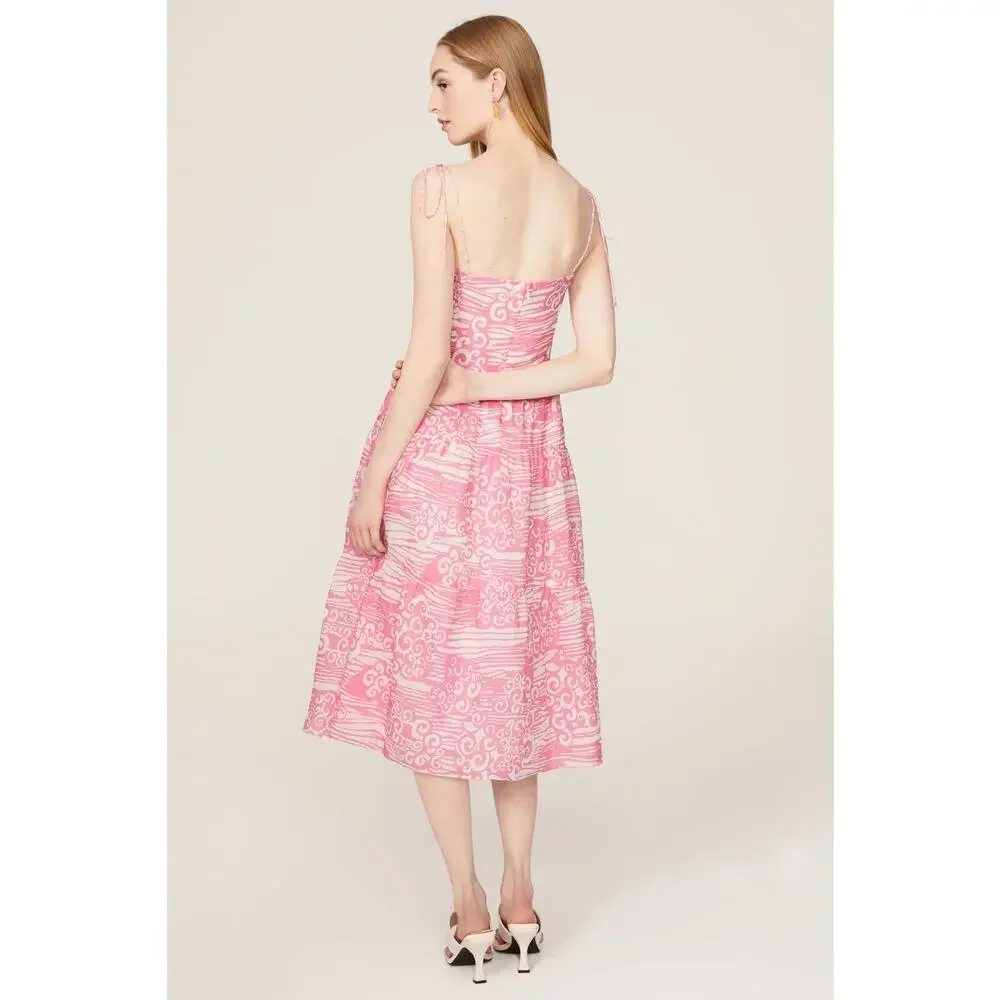 RTR Sz L Amanda Uprichard Tula Pink Print Tie Strap Sweetheart A-Line Midi Dress - Picture 2 of 10